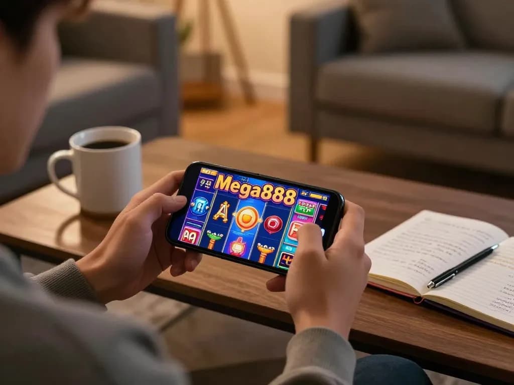 Player enjoying Mega888 mobile app, engaging in fun gaming session in cozy setting while aiming to read more about strategies.