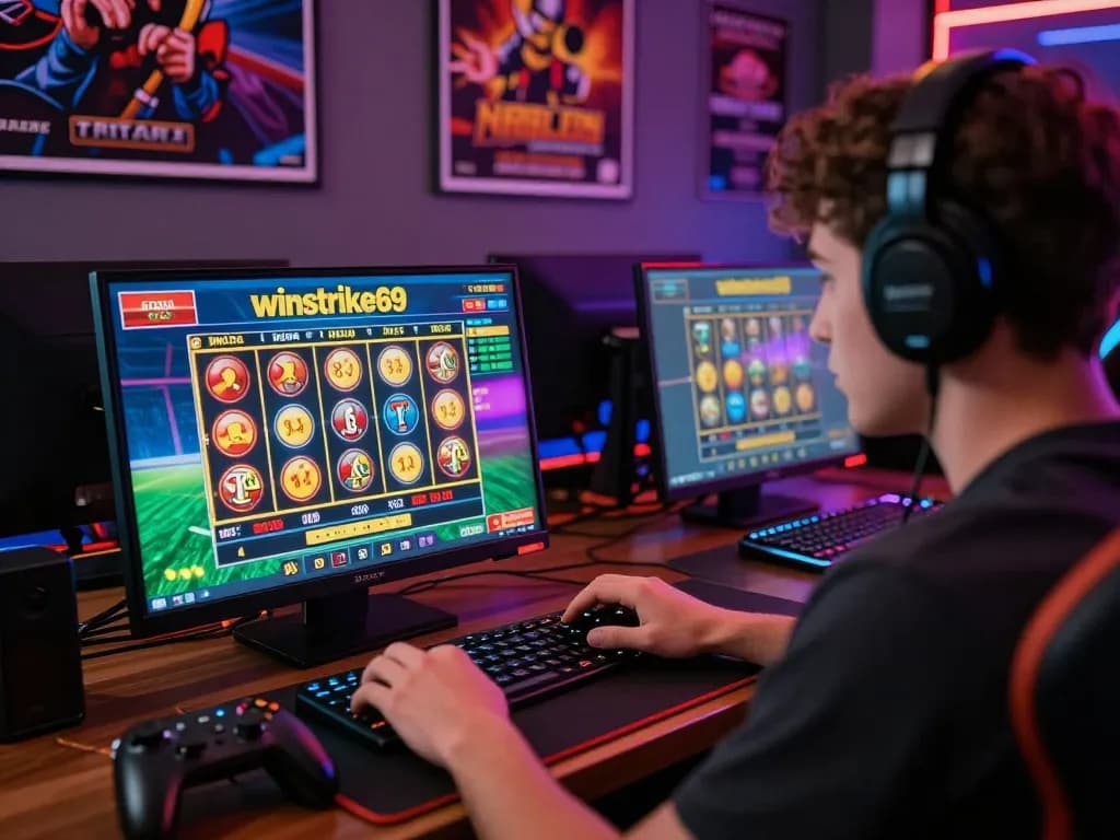 Player engaged with winstrike69 online casino games in a vibrant gaming setup, showcasing excitement and immersion.