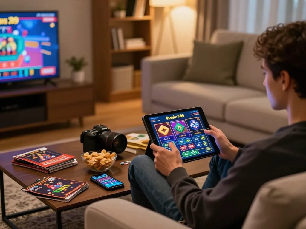 Exploring kuwin 789 online gaming with a tablet, cozy home environment focusing on strategic gameplay.