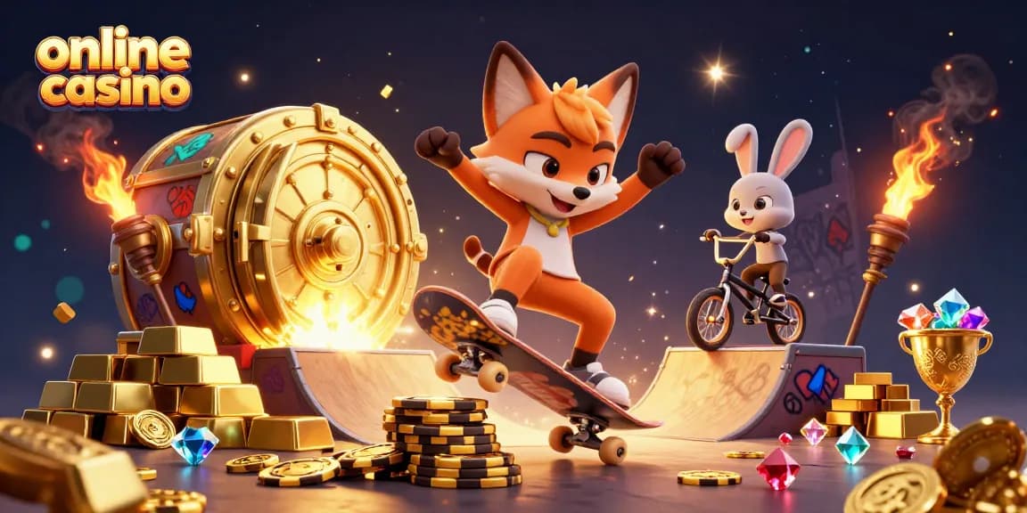 Online casino fun with a skateboarder fox flipping over golden chips and a BMX rabbit.