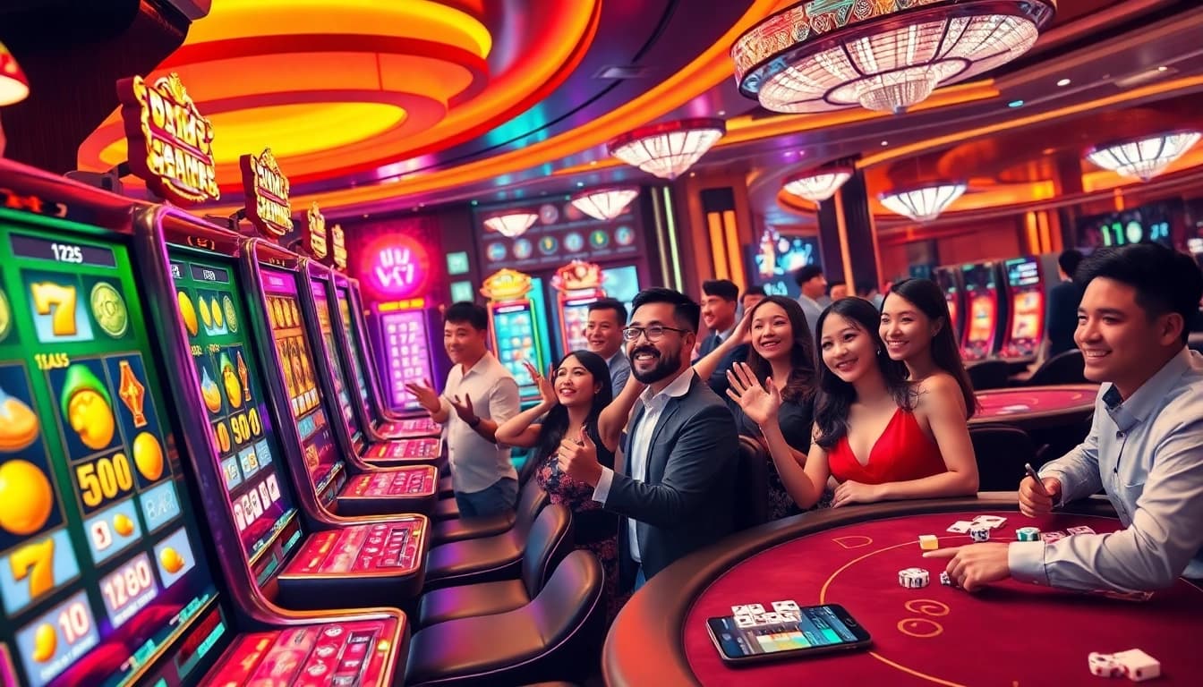 Players celebrating big wins on game nổ hũ slot machines with vibrant casino lights