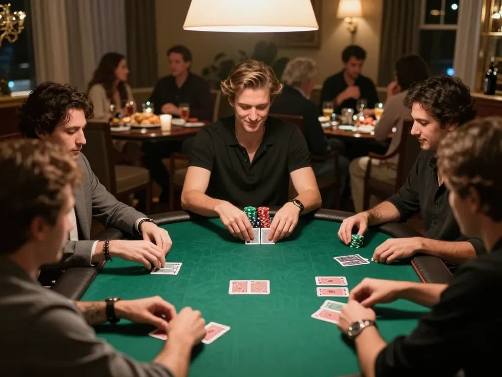 Engaging moment with players enjoying poker at home, highlighting the mm88 link experience for gambling enthusiasts.