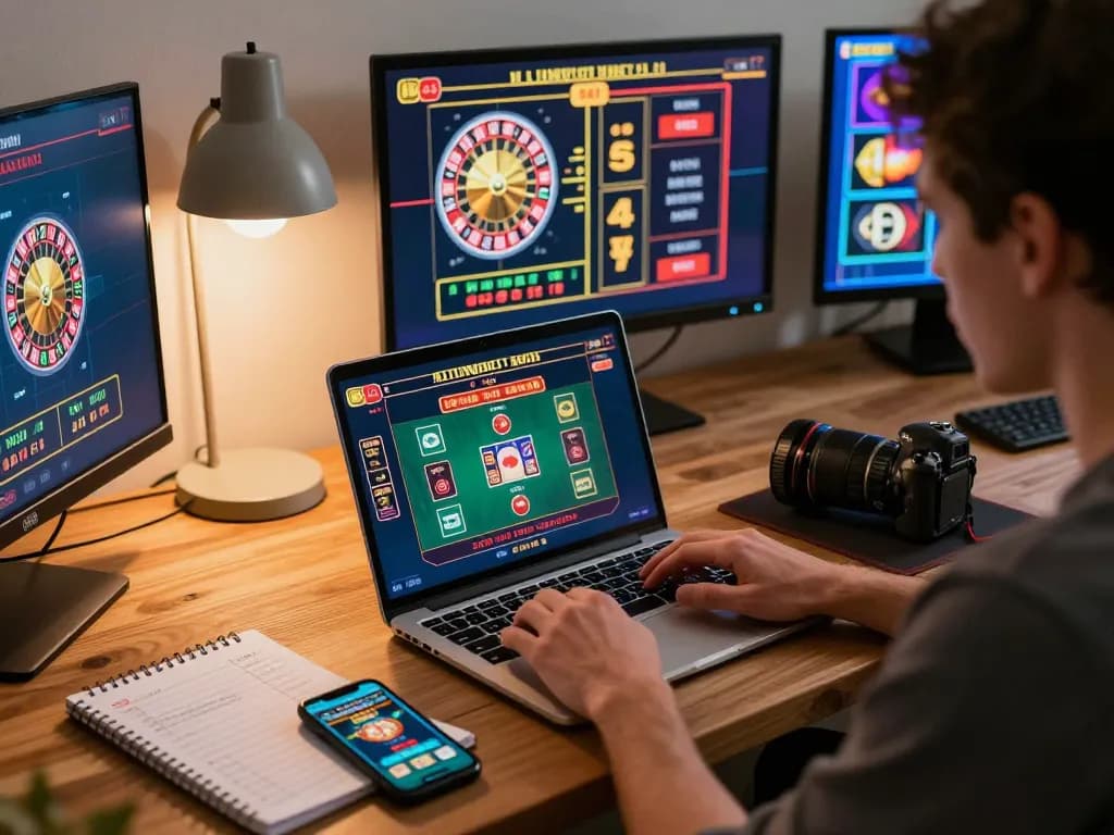 KADAL778 online casino player engaging with vibrant live casino games in cozy home office setting.