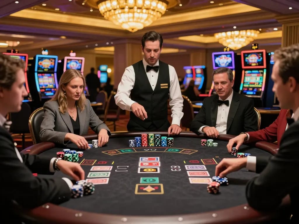 Players engaged in a thrilling blackjack game at a Vegas casino, showcasing the excitement of XX88 gambling.