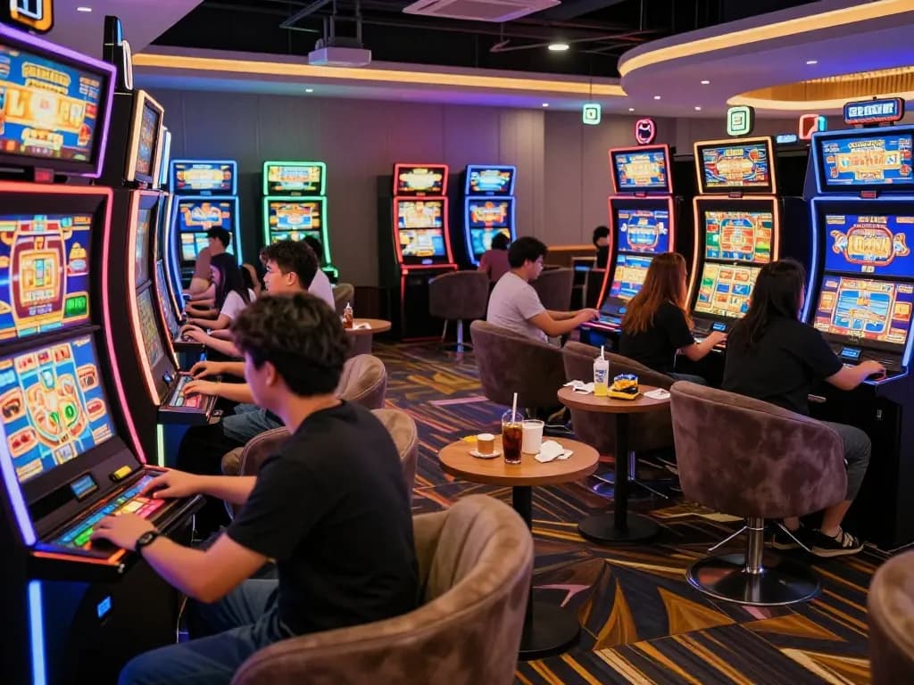 Suasana permainan yang mendebarkan menampilkan pemain yang menikmati mesin slot laoban188 di lounge kasino yang cerah.