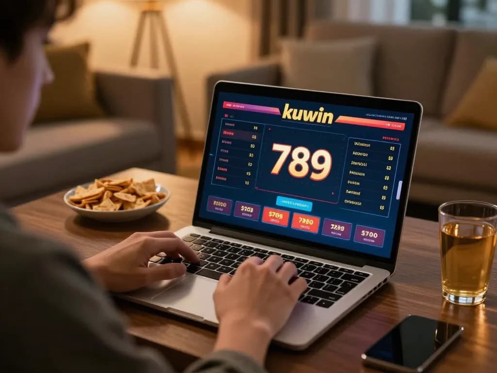 Using a laptop to place bets on kuwin 789 in a cozy home environment.