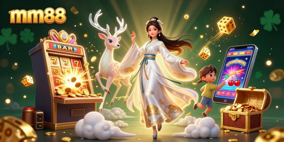 Experience the thrill of mm88 with vibrant slot machines, golden coins, and an ethereal atmosphere.
