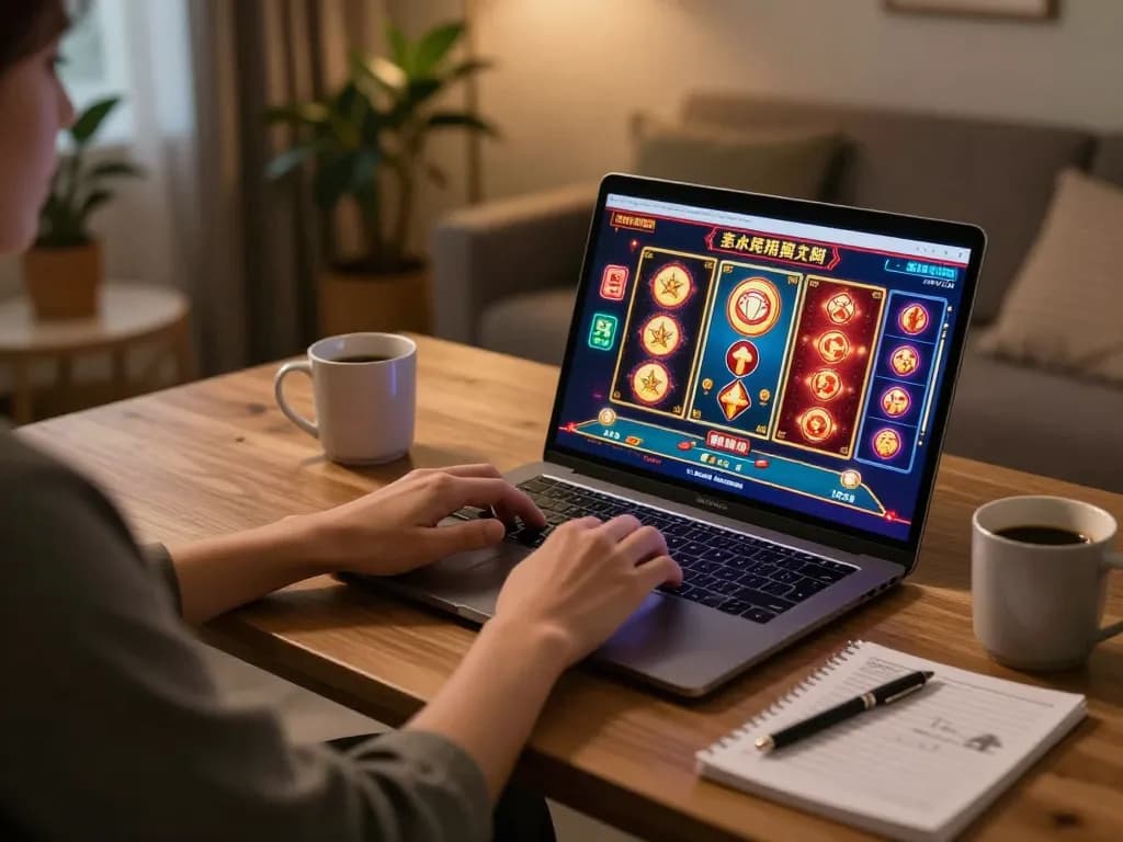 FB88 player engaging with exciting online casino games on a stylish laptop in a cozy setup
