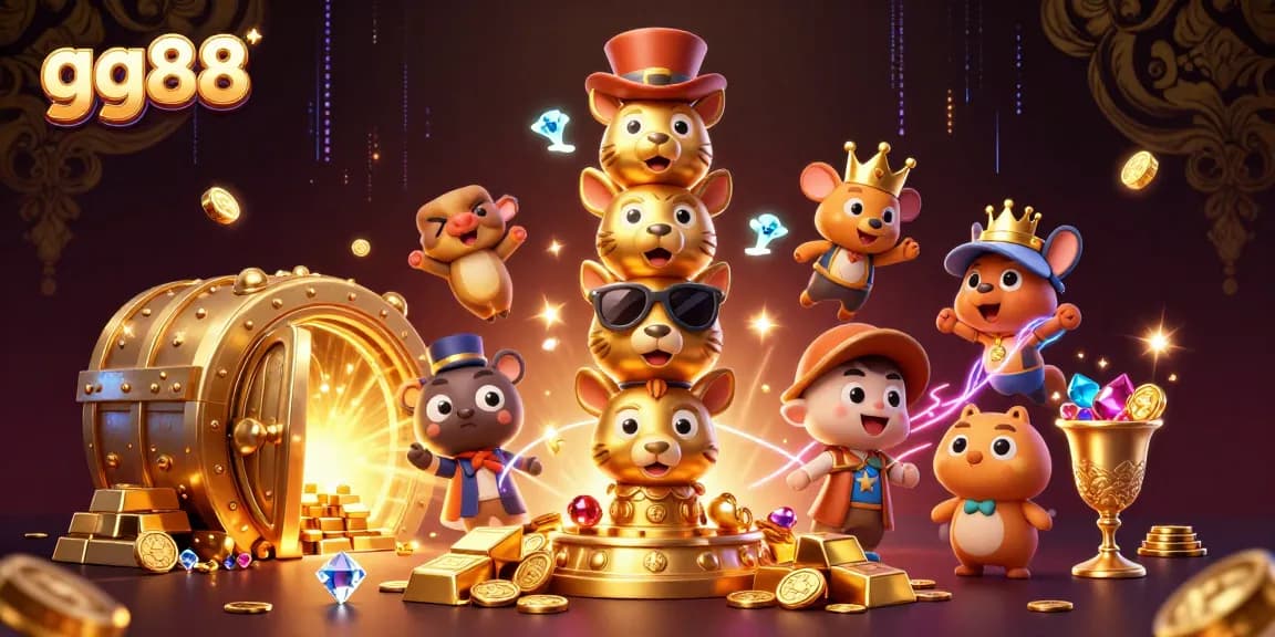Spin and win big with gg88 casino treasures in a vibrant 3D illustration showcasing bustling gaming excitement.