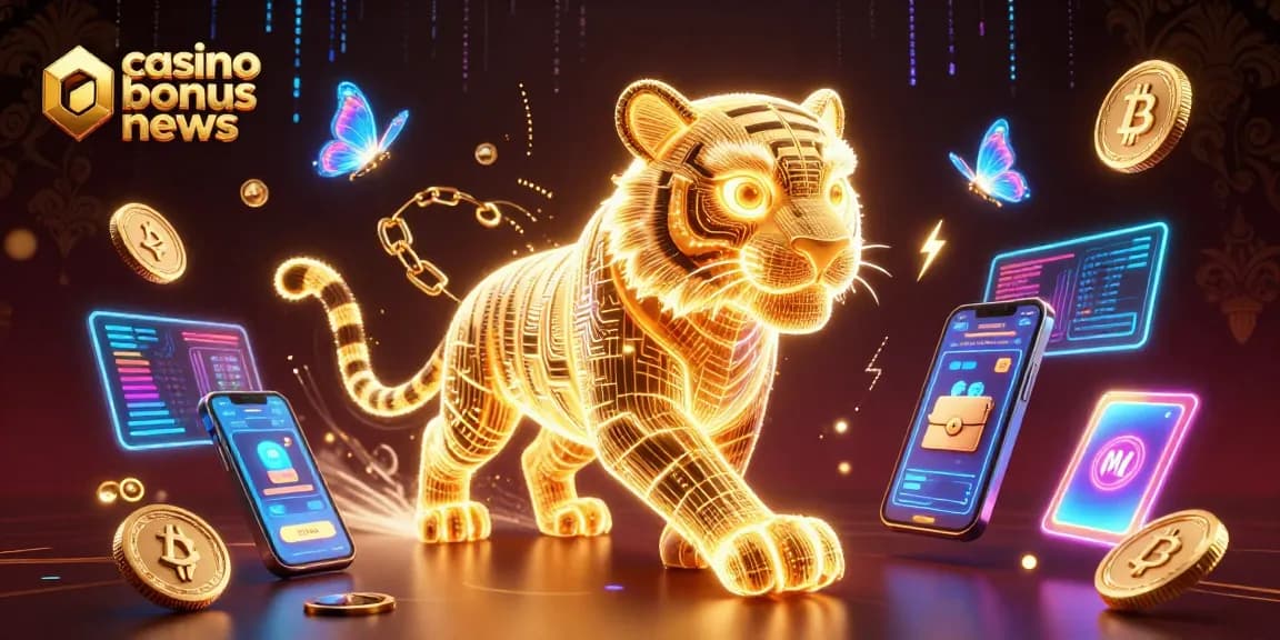 Engage with exciting casino bonus news through a vibrant 3D digital illustration featuring a glowing tiger in a casino.