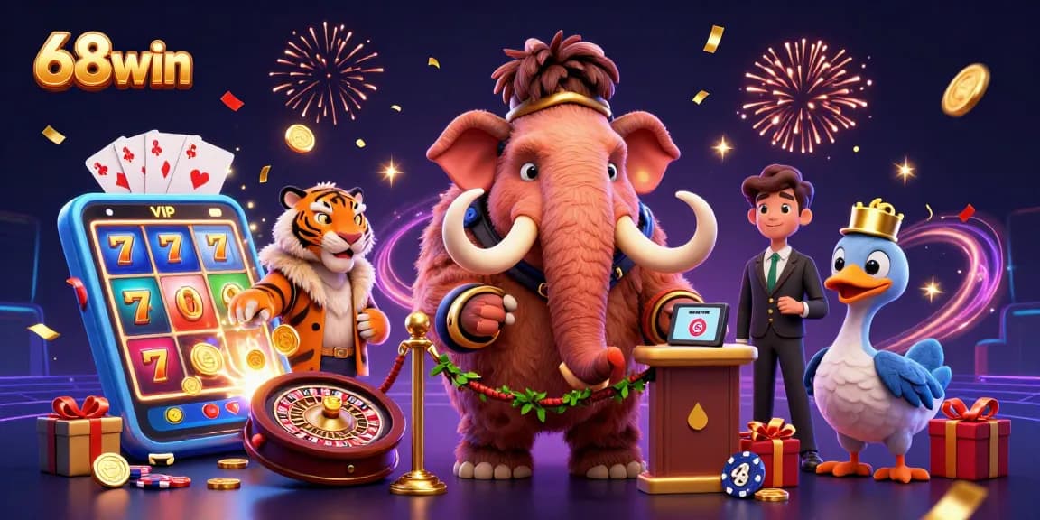 Experience 68win's vibrant casino scene featuring a mammoth bouncer and VIP tiger guest.