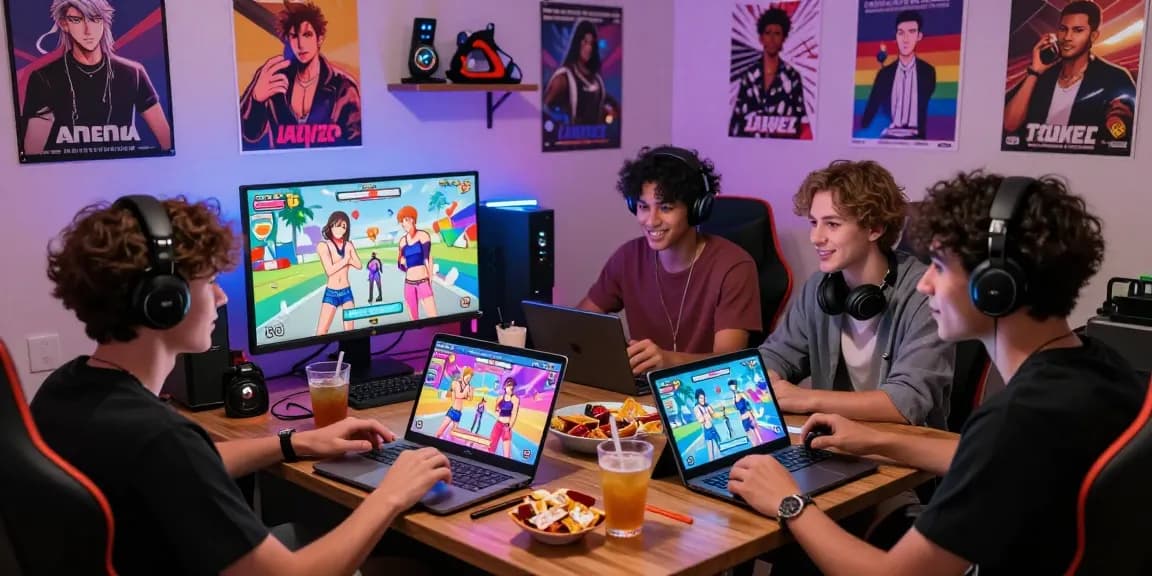 Friends engaged in a gay ecchi game in a vibrant gaming lounge setting, highlighting camaraderie and excitement.
