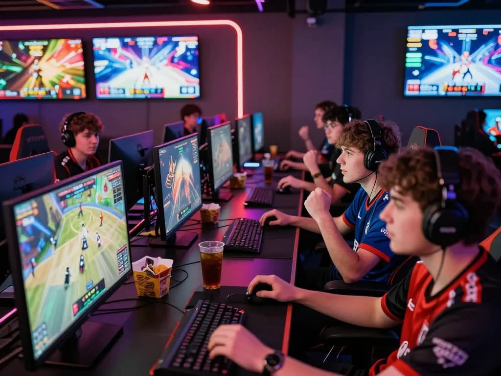 Exciting esports betting atmosphere at a vibrant gaming lounge, featuring intense gamers and live matches from https://gglbetsg.org/gglbet-sg/singapore-esports-betting-guide/.