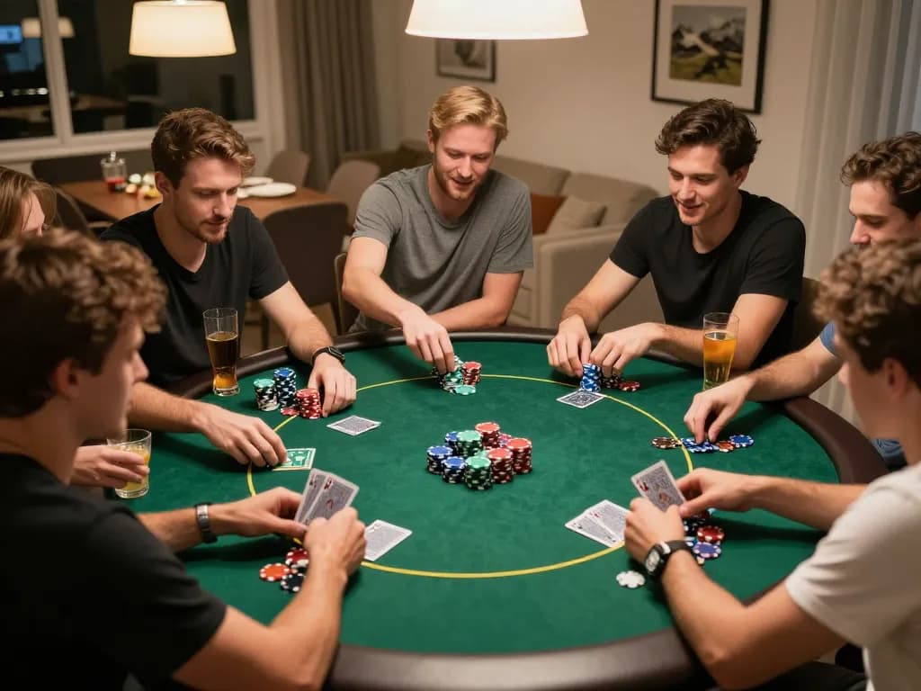 Kegembiraan situs togel di permainan poker rumahan yang bersahabat dengan chip berwarna-warni dan pemain yang terlibat selama permainan strategis