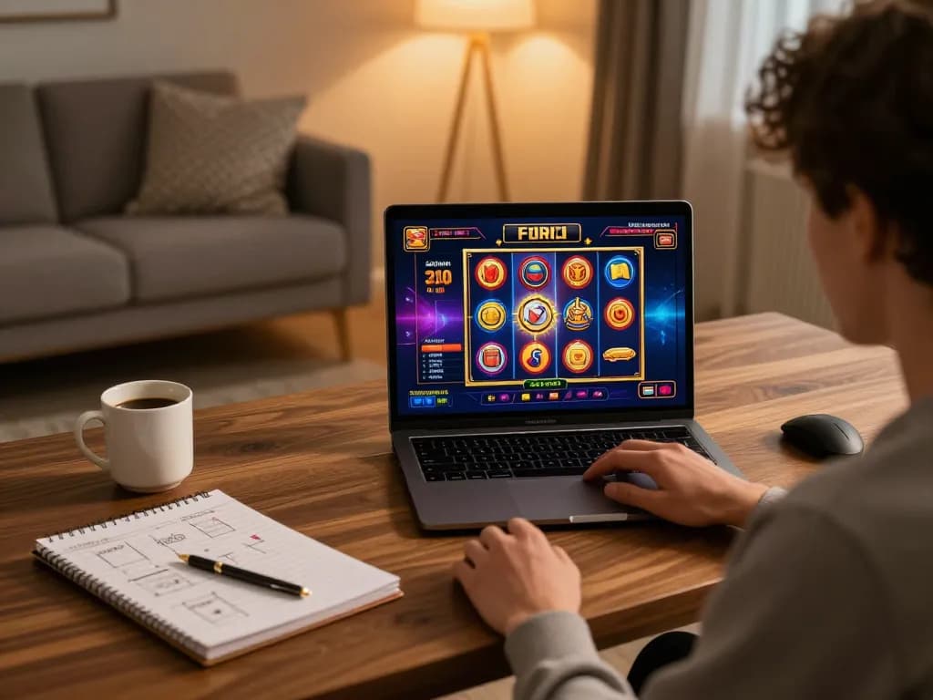 Player strategizing at CM88 online casino with laptop, demonstrating responsible gambling.