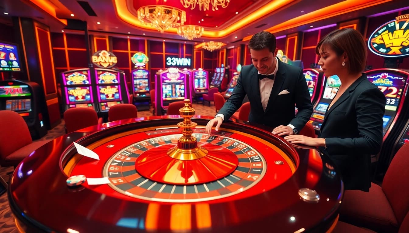Experience the thrill of 33WIN as players engage strategically at an elegant roulette table, surrounded by vibrant casino elements.