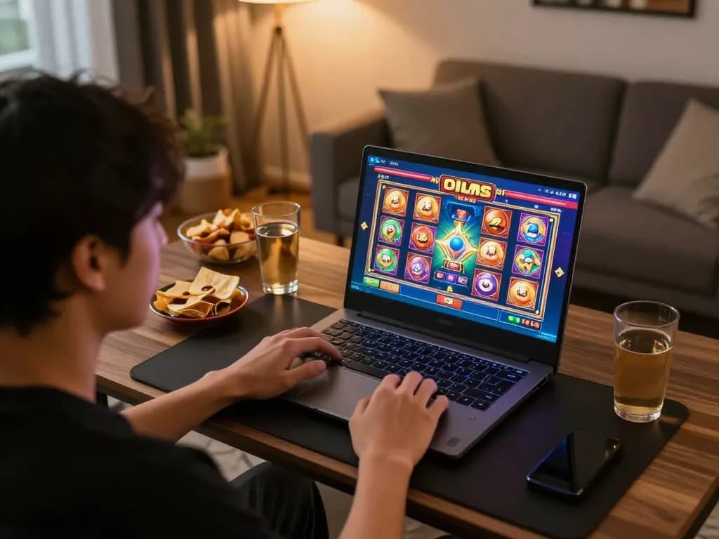 Terlibat secara intens di permainan situs slot online menggunakan laptop, menampilkan grafik slot yang cerah.
