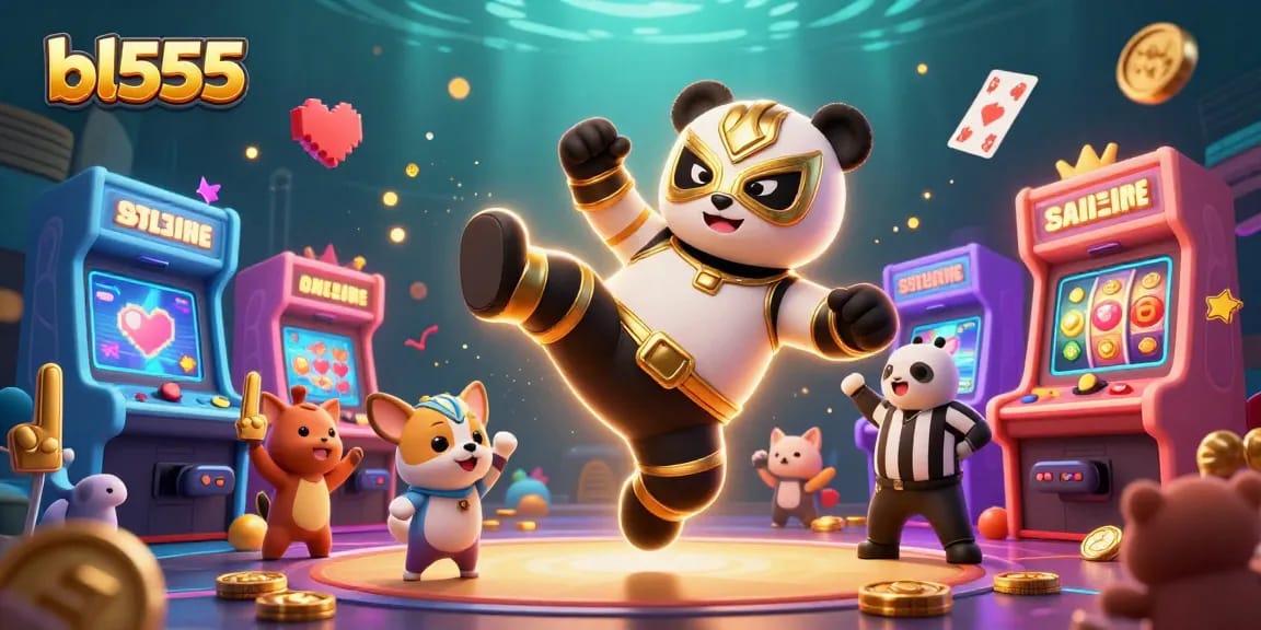 Engage in exciting gameplay at bl555 with a 3D panda wrestler and vibrant casino elements.