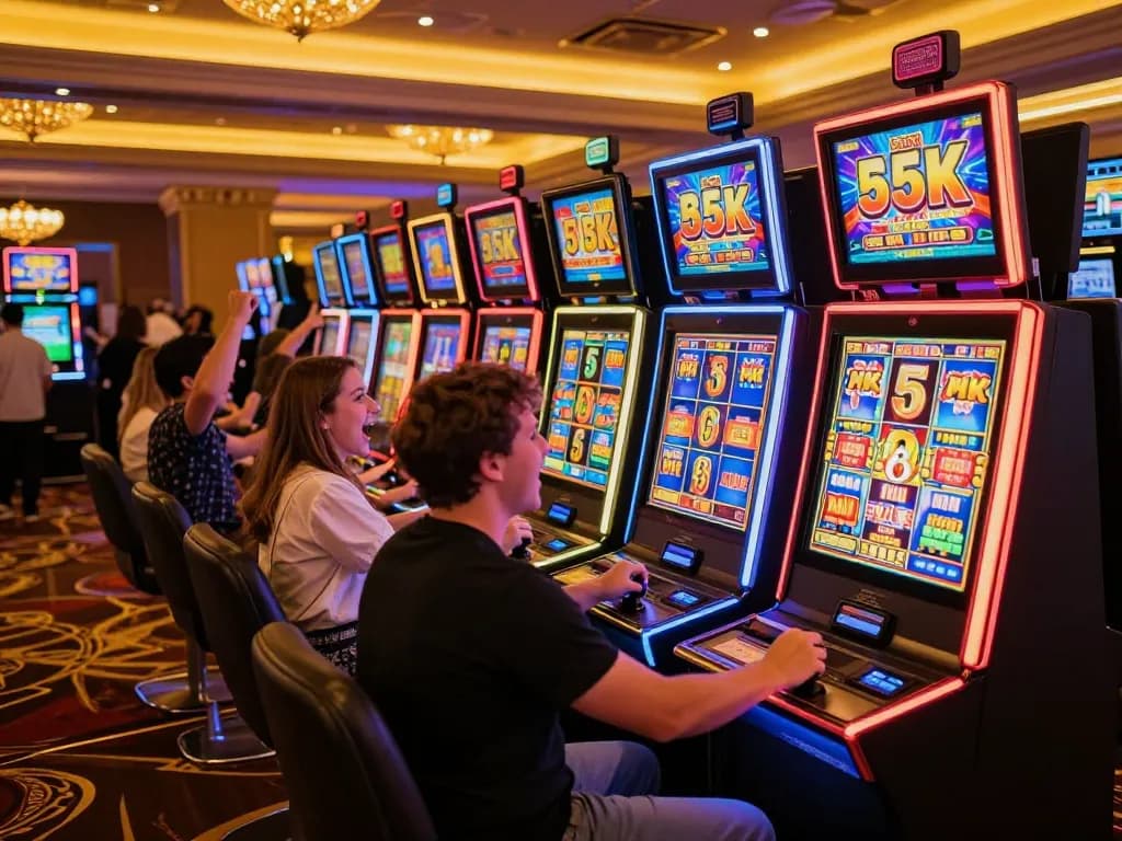 Players enjoying slot 5k games in vibrant casino, celebrating wins with excitement and joy.