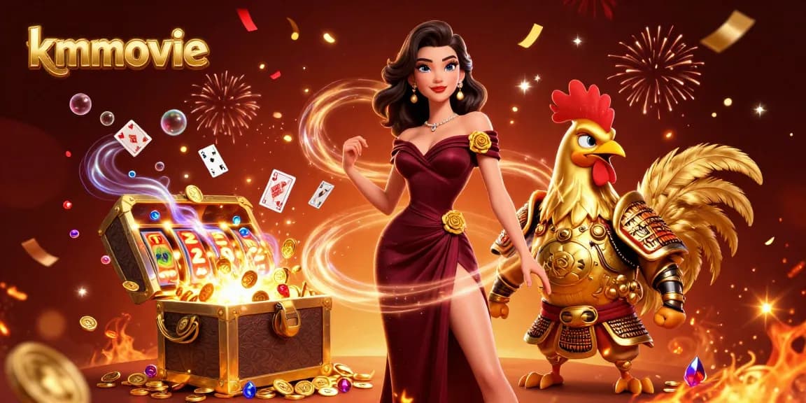Engage with kmovie's gaming excitement as glamorous characters celebrate around colorful slot machines.