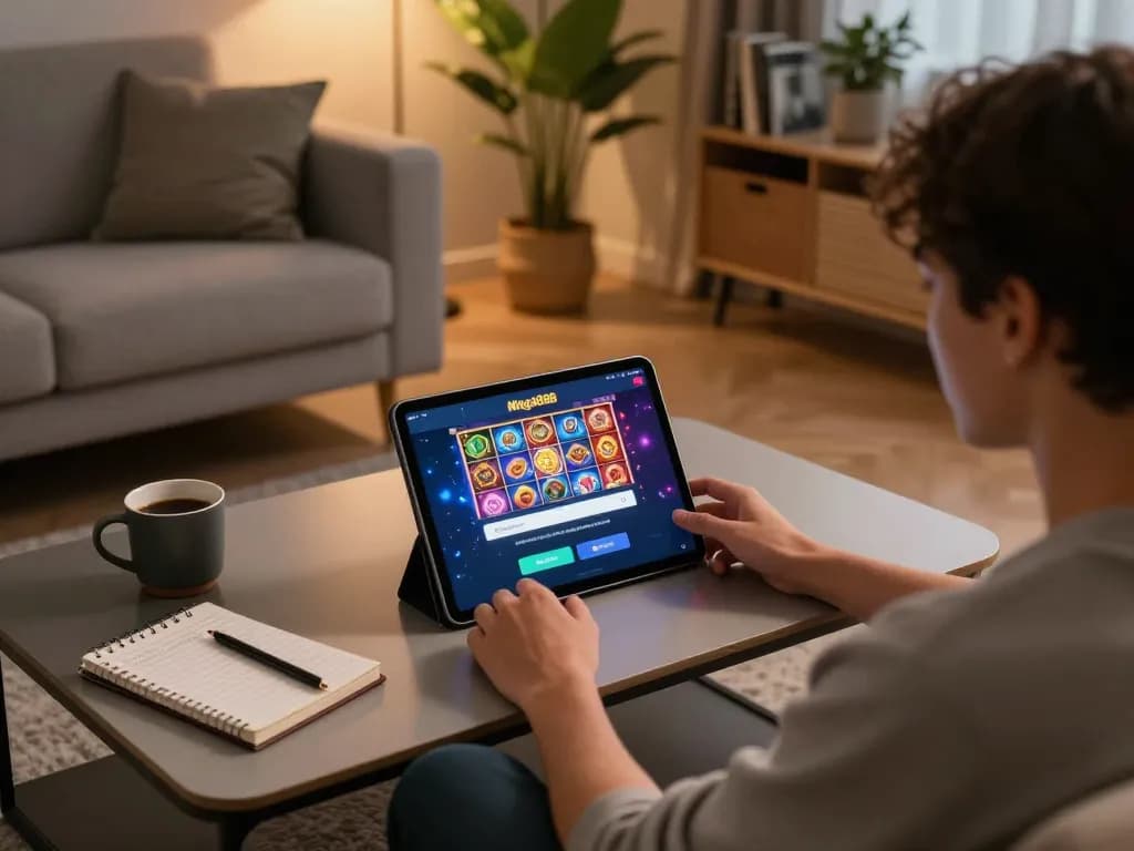 Mega888 login Malaysia shown on a tablet during an exciting online gaming session in a cozy home environment