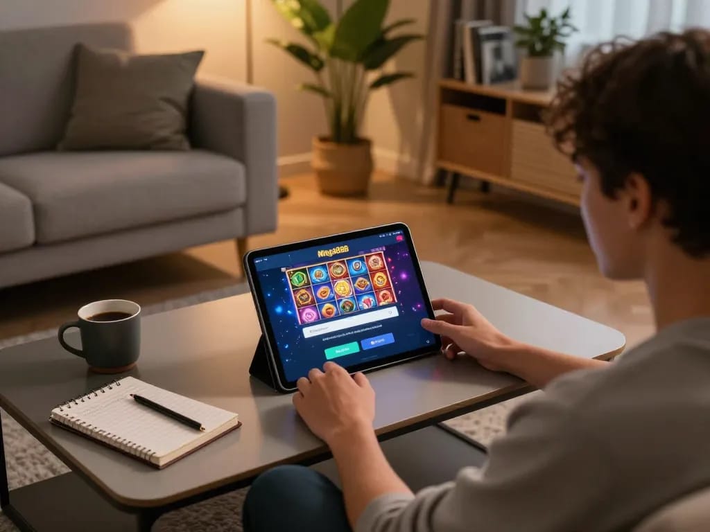 Mega888 login Malaysia shown on a tablet during an exciting online gaming session in a cozy home environment