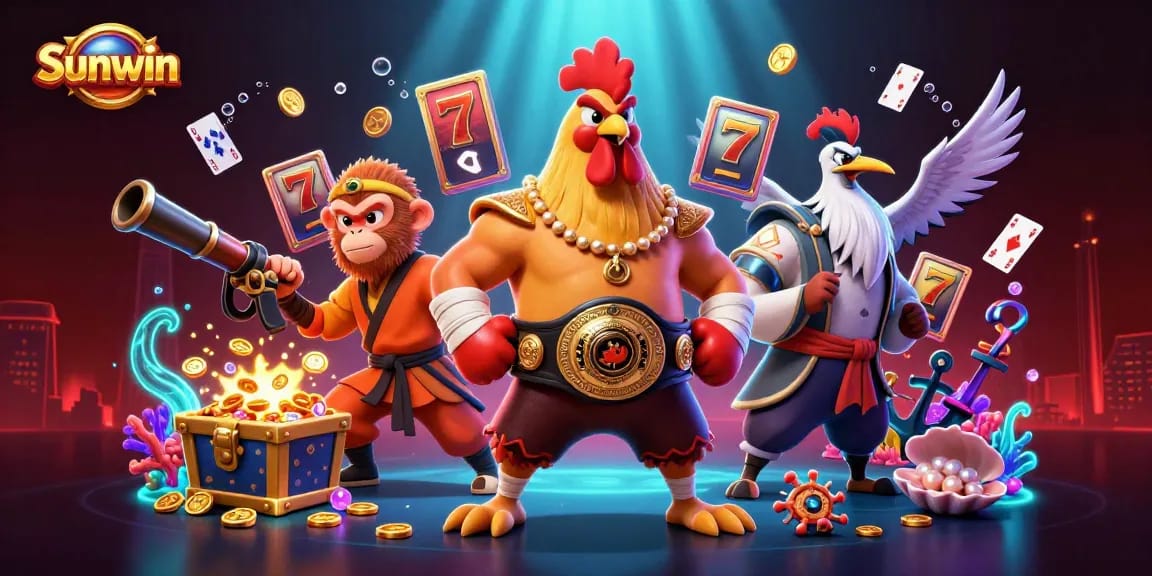 Engage in thrilling games at Sunwin, featuring vibrant slot reels and rich casino elements.