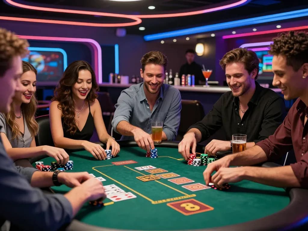 Exciting gaming scene with friends enjoying sultan88 at a vibrant casino table