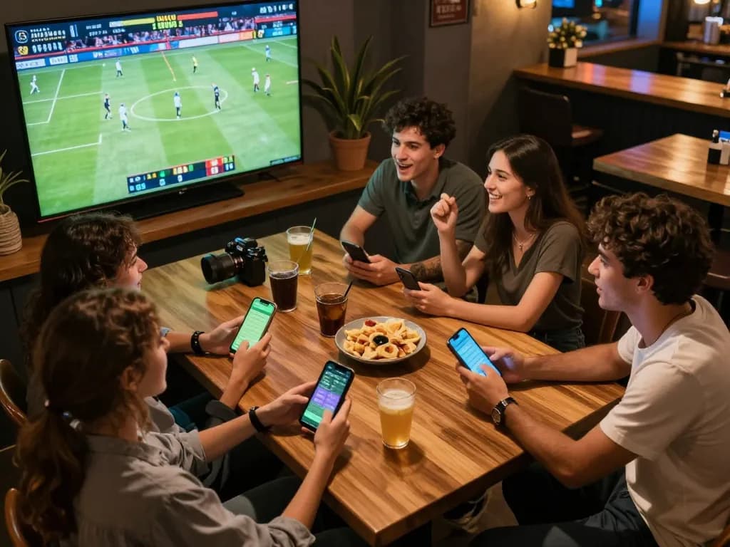 Fans placing real-time bets on vipwin1 during an exciting sports game at a lively home gathering.