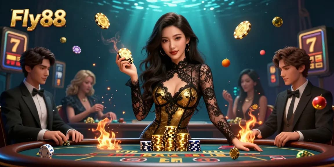 Fly88 showcases a confident woman in a glamorous casino setting, holding stacks of chips amidst dynamic slot game elements.