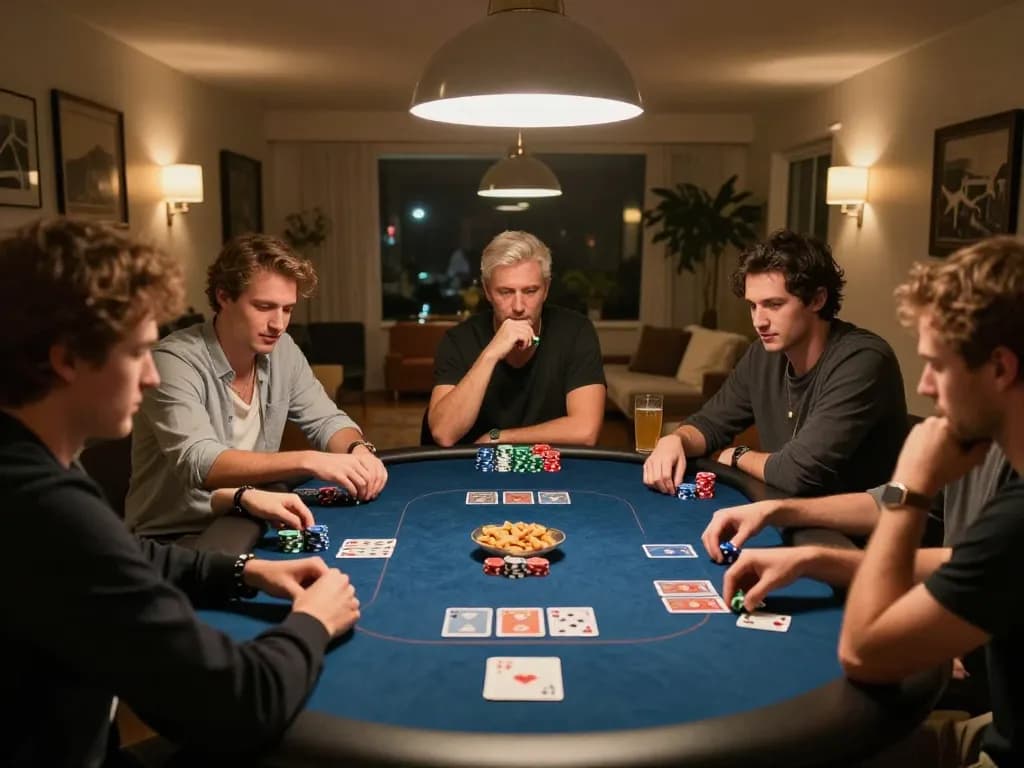 Sahabat yang bermain poker di rumah, menampilkan kegembiraan momen permainan terinspirasi oleh https://www.saigoncafesterling.com/menus.