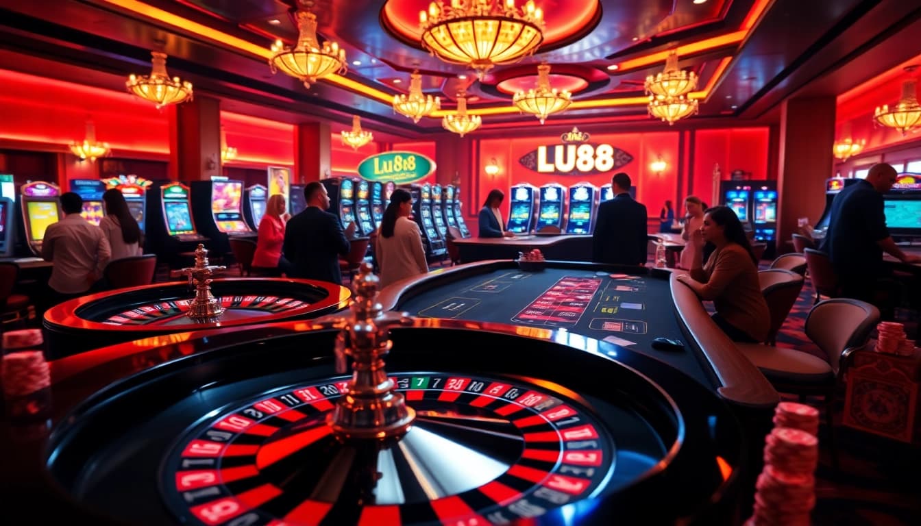 LU88 players placing bets at a luxurious poker table in an upscale casino