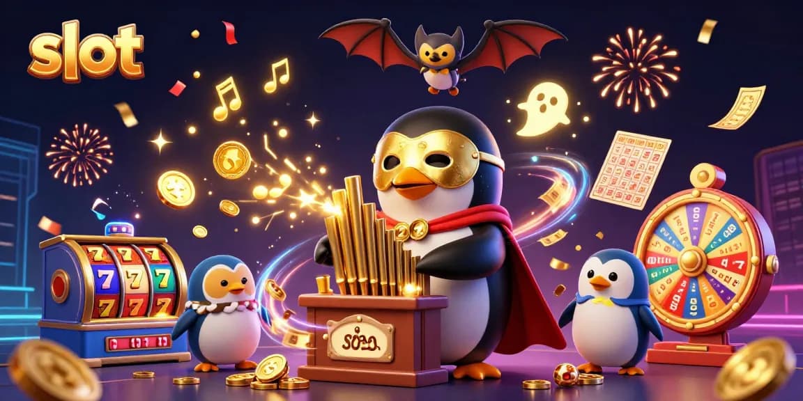 Experience thrilling slot excitement with a cartoon penguin organist showering golden coins as colorful elements burst around.