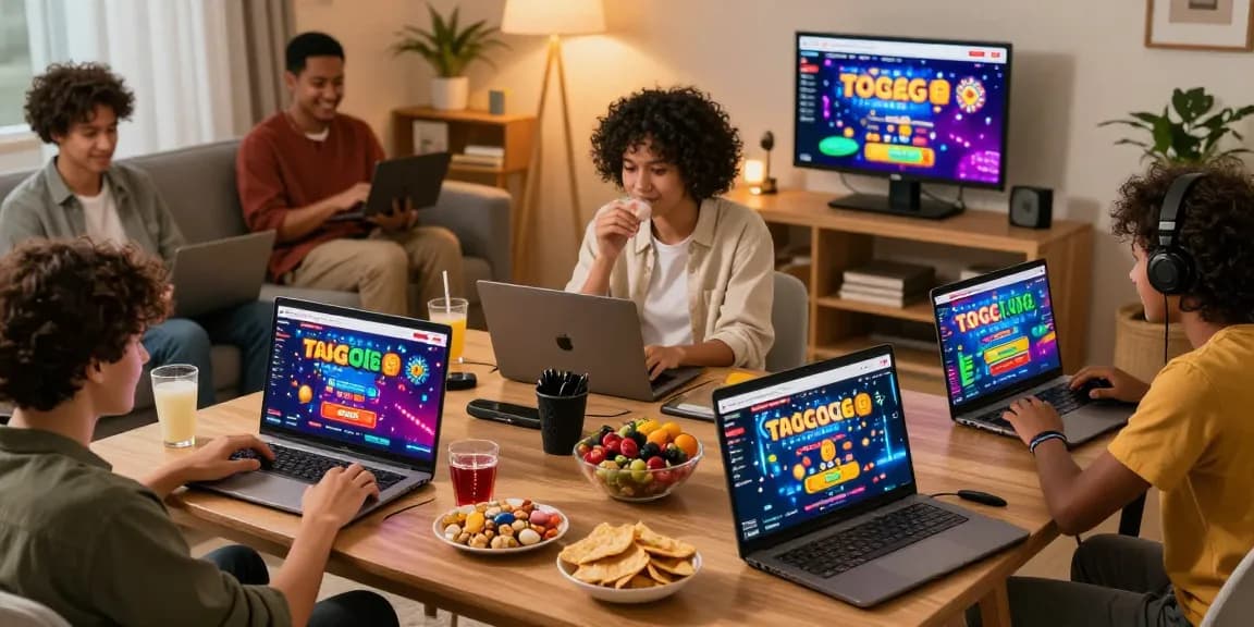 Players enjoying togel online games in a cozy home setting, showcasing user-friendly interface and digital prizes.