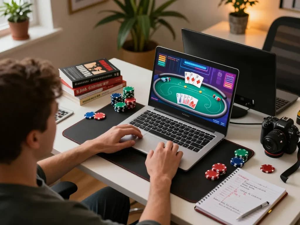 Engaging online poker session at home using kp88 gaming strategies displayed on laptop