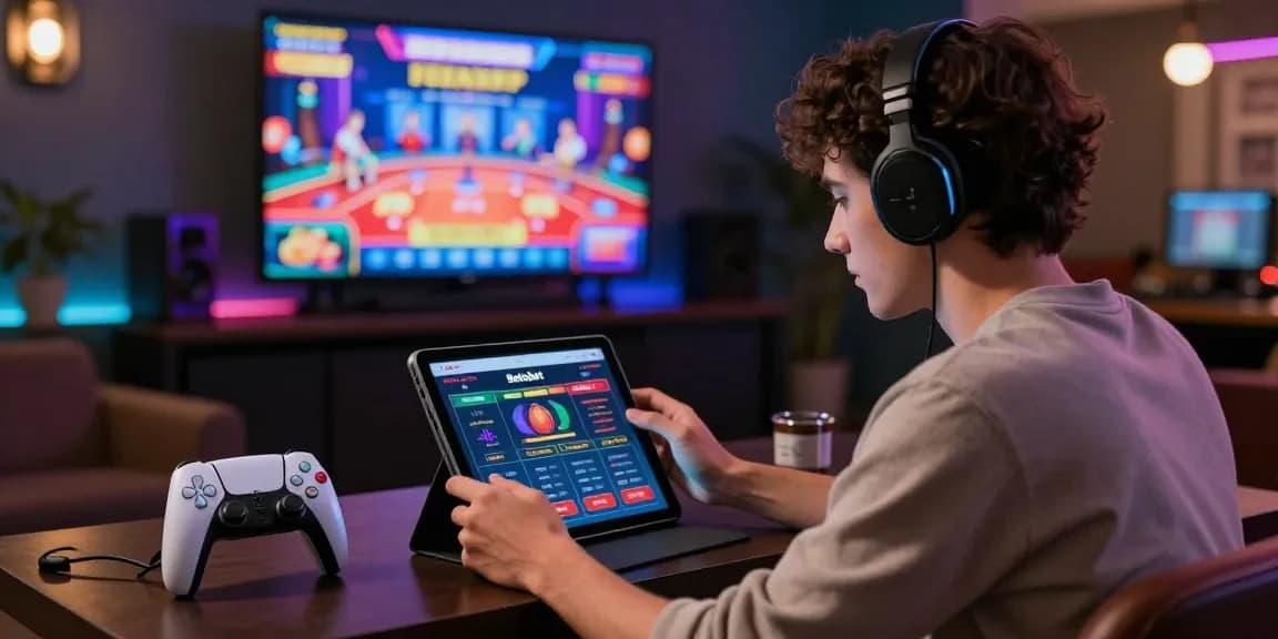 Engaged player navigating Betebet on a tablet in a lively gaming lounge