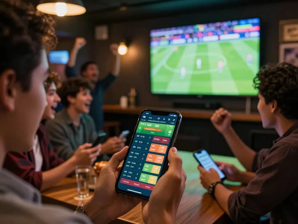 Bsport user placing bets on a mobile app while watching a live football match with friends in a vibrant sports bar.