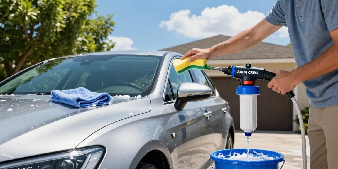 AQUA CREST Inline Water Filter, Dedicated for Car Washing setup showcased during a home car wash, featuring clean water flow and joyful owner.