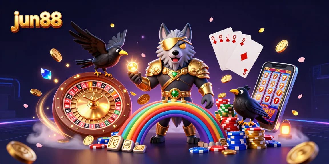 Experience the excitement of jun88 with a thrilling 3D illustration featuring Odin, ravens, and casino elements.
