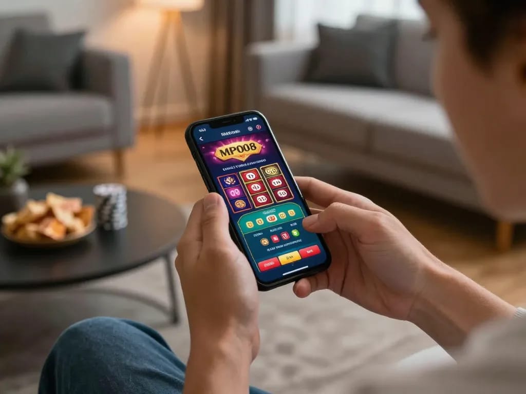 MPO08 player engaging in mobile casino gaming on smartphone, cozy atmosphere with vibrant game visuals.