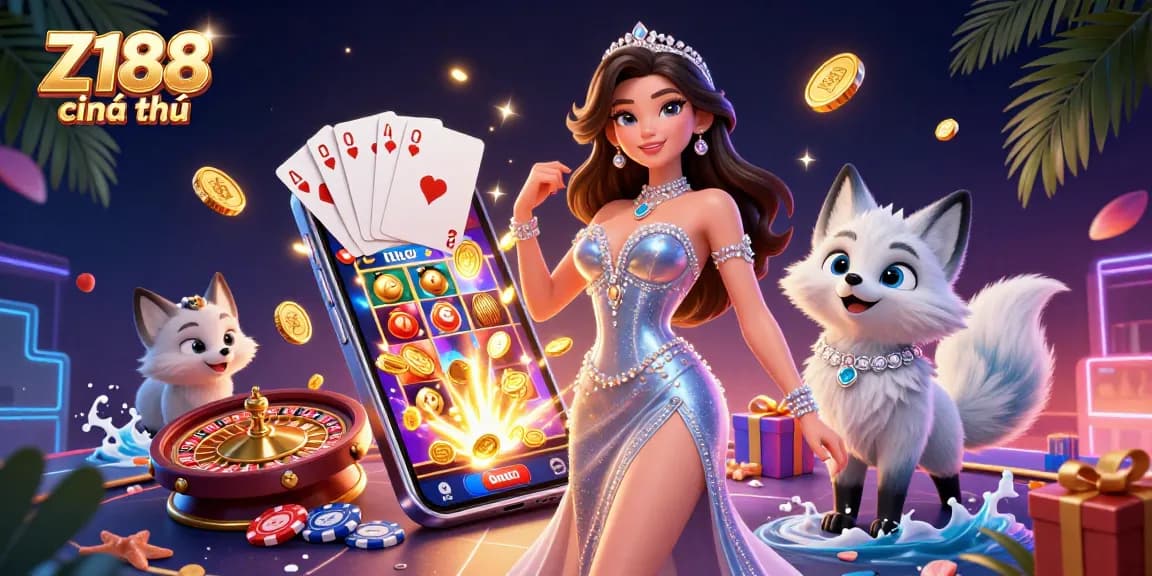 Z188 chính thức showcases a stunning casino-themed illustration with vibrant game elements, enhancing the gaming experience.