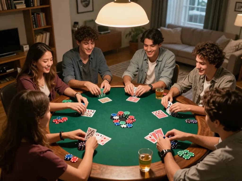 Players enjoying a friendly poker game while utilizing the done55 app for strategy and practice.