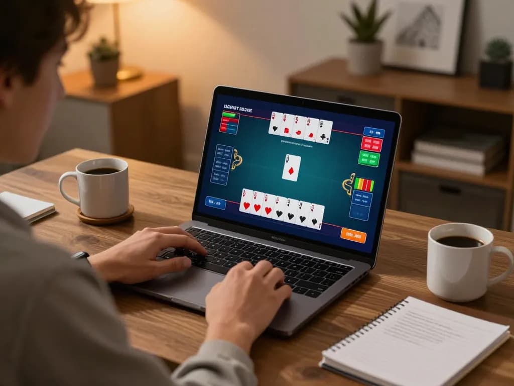 Play poker strategically and responsibly with dinamit4d on a sleek laptop at home.