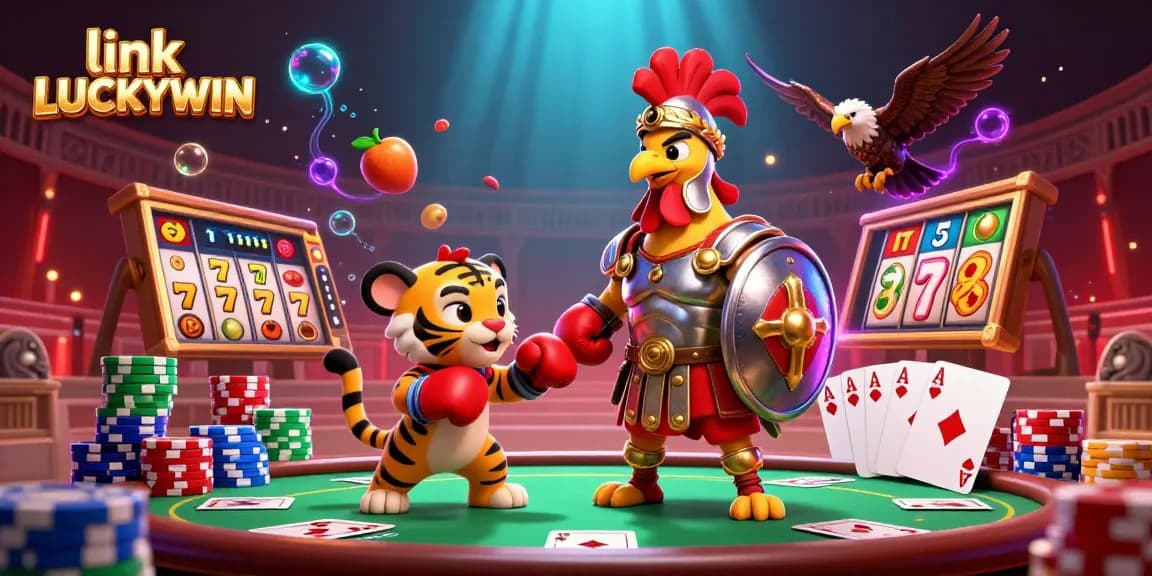 Play thrilling jackpot games at link LUCKYWIN with a vivid 3D scene showcasing exciting casino elements.