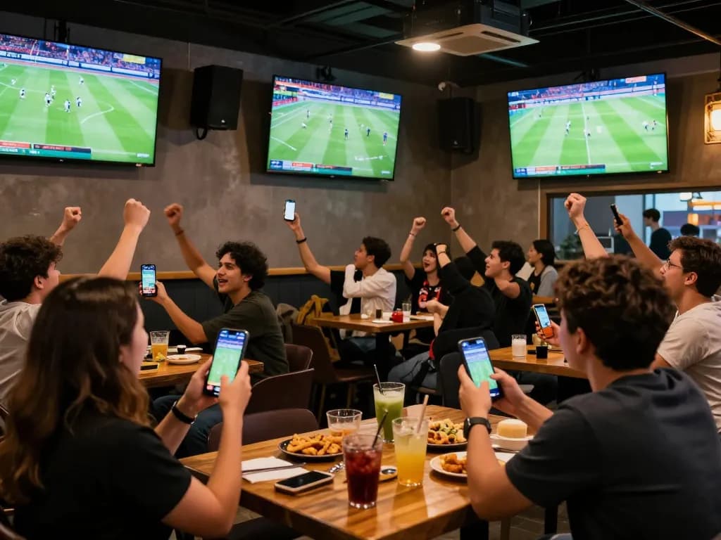 Fans enjoying football matches live with the cakhia tv app during a lively sports bar gathering.