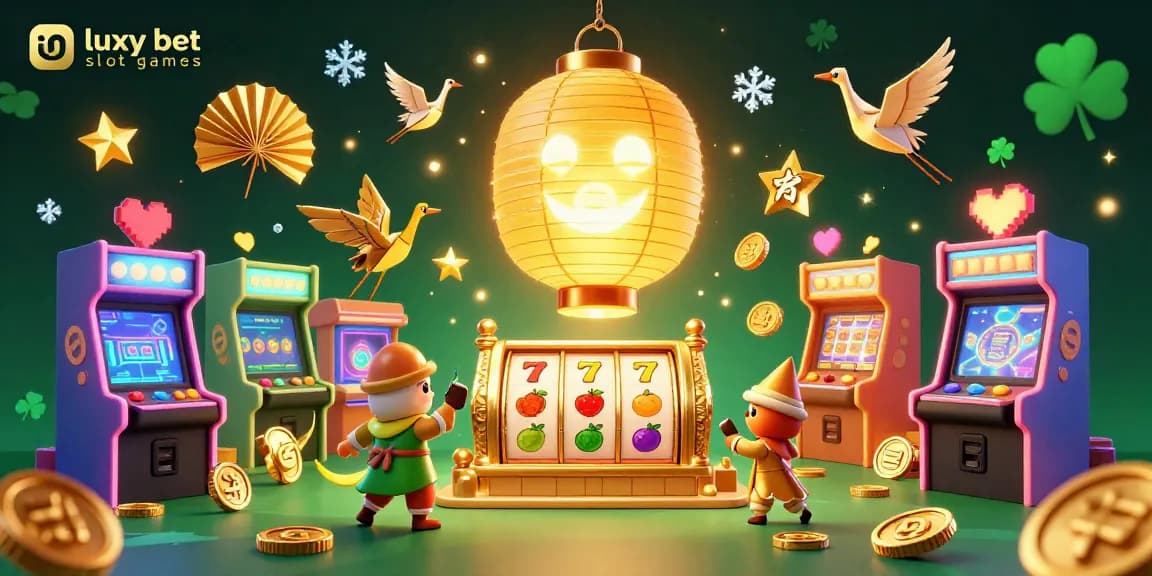 Experience luxy bet slot games with vibrant characters and arcade elements in a dazzling casino scene.