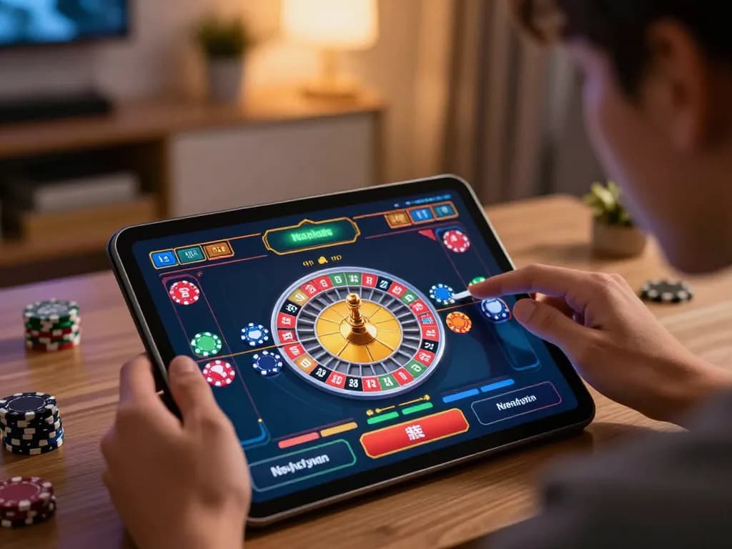 Player enjoying situs gacor nekatwin experience on tablet with roulette game interface.