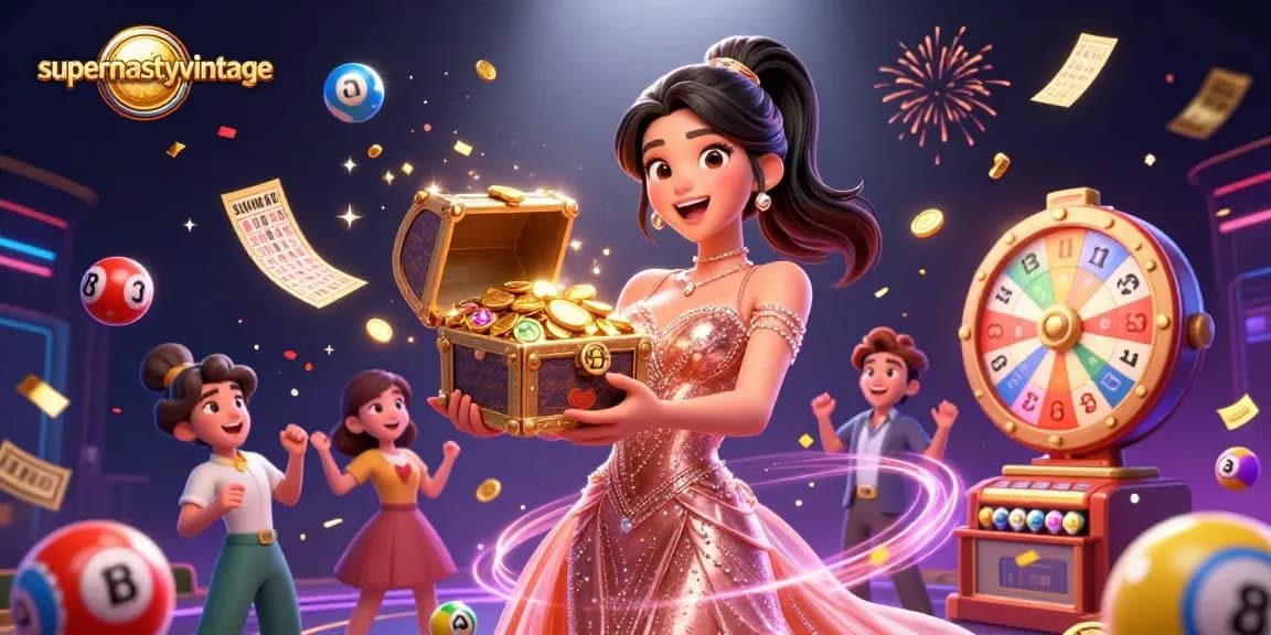 Engage with supernastyvintage treasures overflowing from a dazzling chest in a vibrant casino atmosphere.