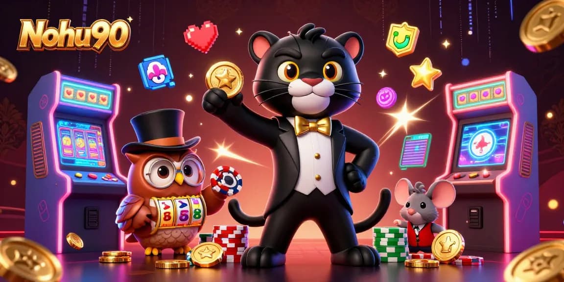 Nohu90 showcases an engaging scene with characters dealing slots and sharing poker chips in a lively gaming atmosphere.