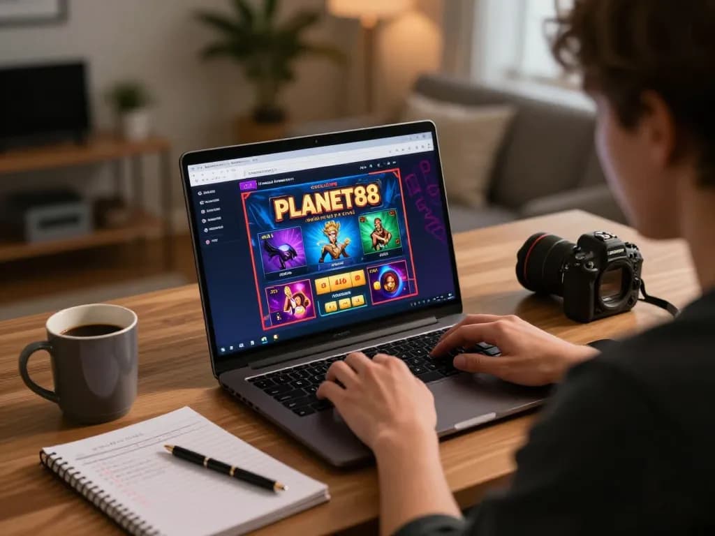 Engaging in dynamic gameplay on PLANET88 casino from a cozy home setting with strategic notes nearby.